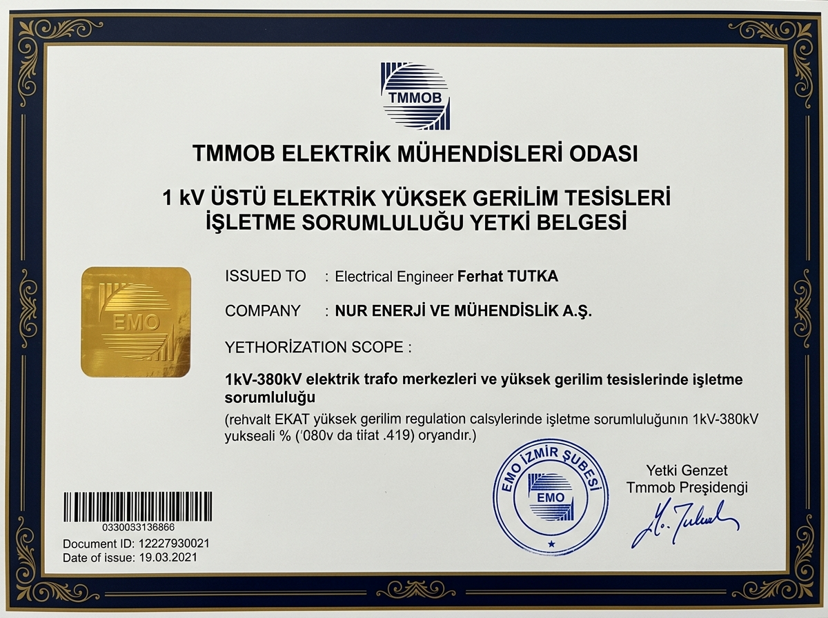 EMO 1 kV Üstü Y.G. Tesislerinde İşletme Sorumluluğu Yetki Belgesi