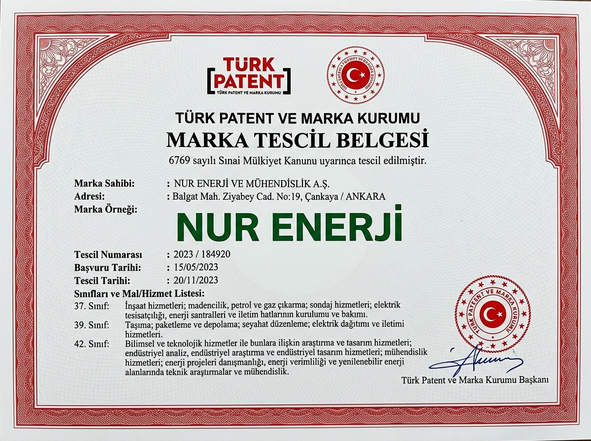 Türk Patent ve Marka Kurumu "Nur Enerji" Marka Tescil Belgesi
